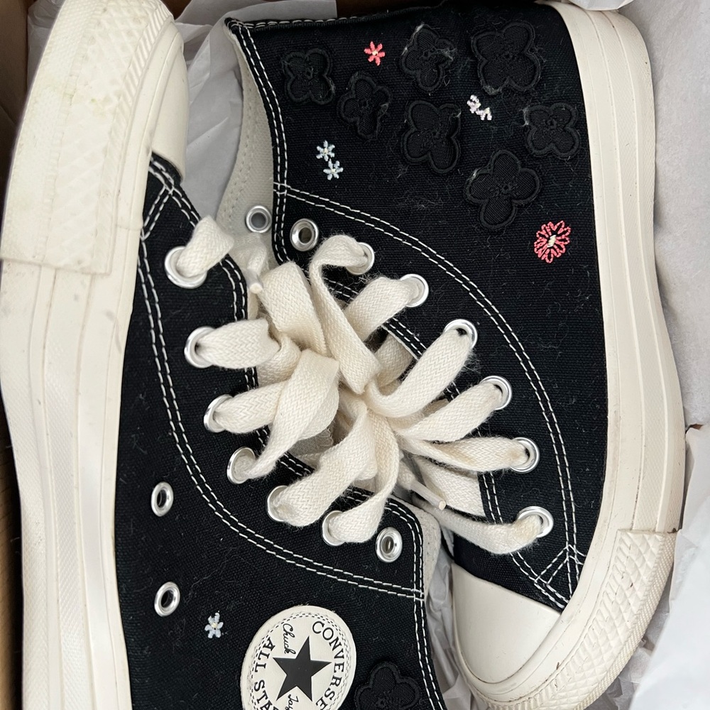 Converse Black High-Top Sneakers with Floral Embroidery